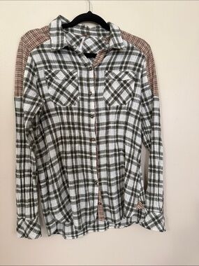 Free People Olive and White Plaid Button-Up Shirt